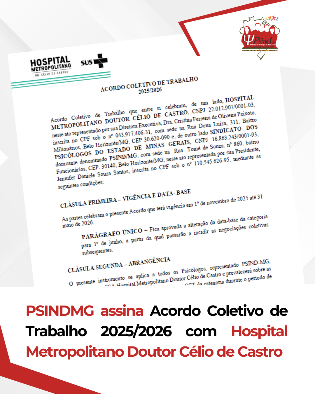 PSINDMG assina Acordo Coletivo de Trabalho 2025/2026 com Hospital Metropolitano Doutor Célio de Castro